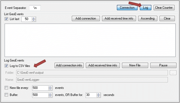 GeoEvent Logger がイベントを CSV ファイルに記録する