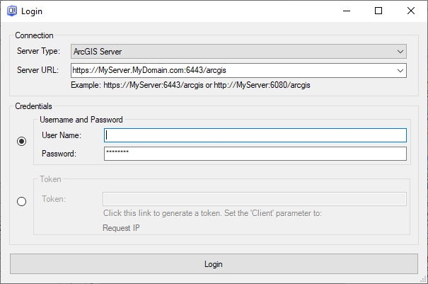 GeoEvent Logger の [ログイン] ダイアログ