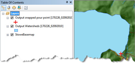 Create Watershed Polygon タスクの出力が ArcMap の [コンテンツ] ウィンドウに追加される