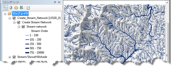 Create Steam Network タスクを実行した後の ArcMap